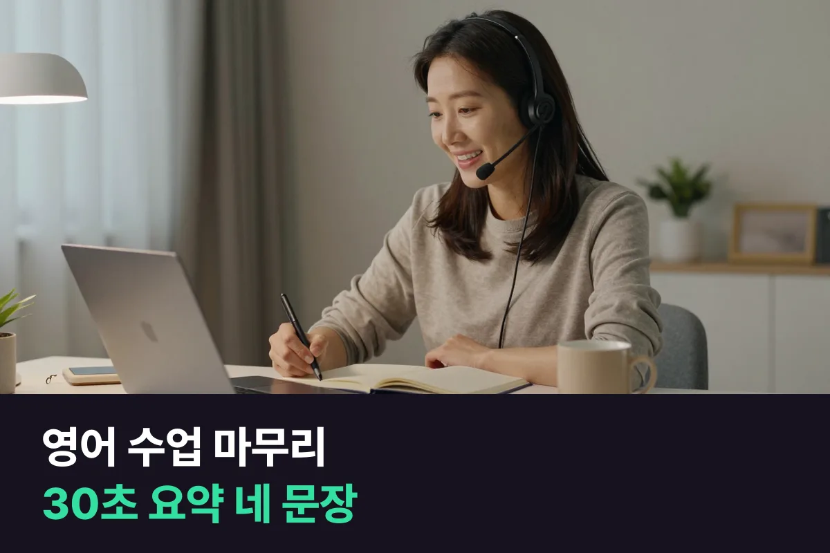 영어 수업 마무리 30초, 오늘 배운 것을 강사에게 네 문장으로 말해 보세요