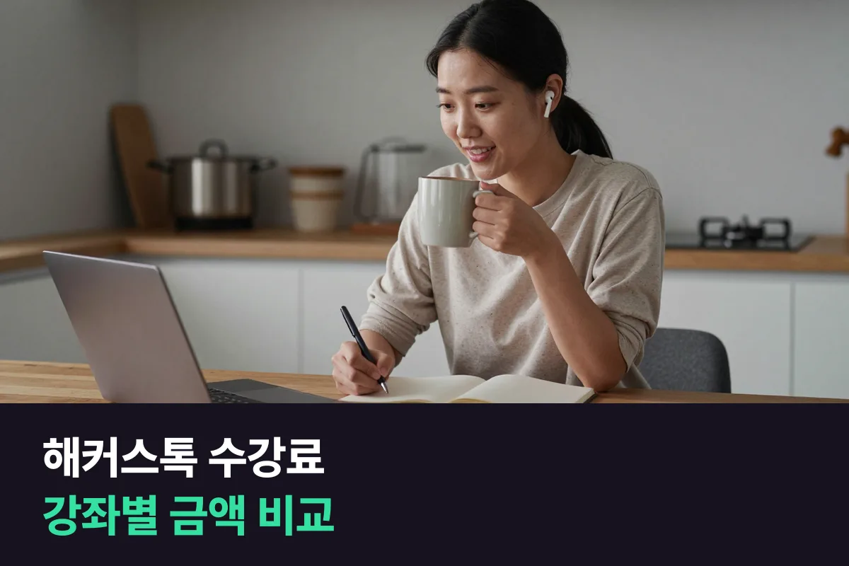 해커스톡 수강료를 강좌별 정가·할인가·수강일수로 정리하고 1:1 회화와 나란히 놓았어요