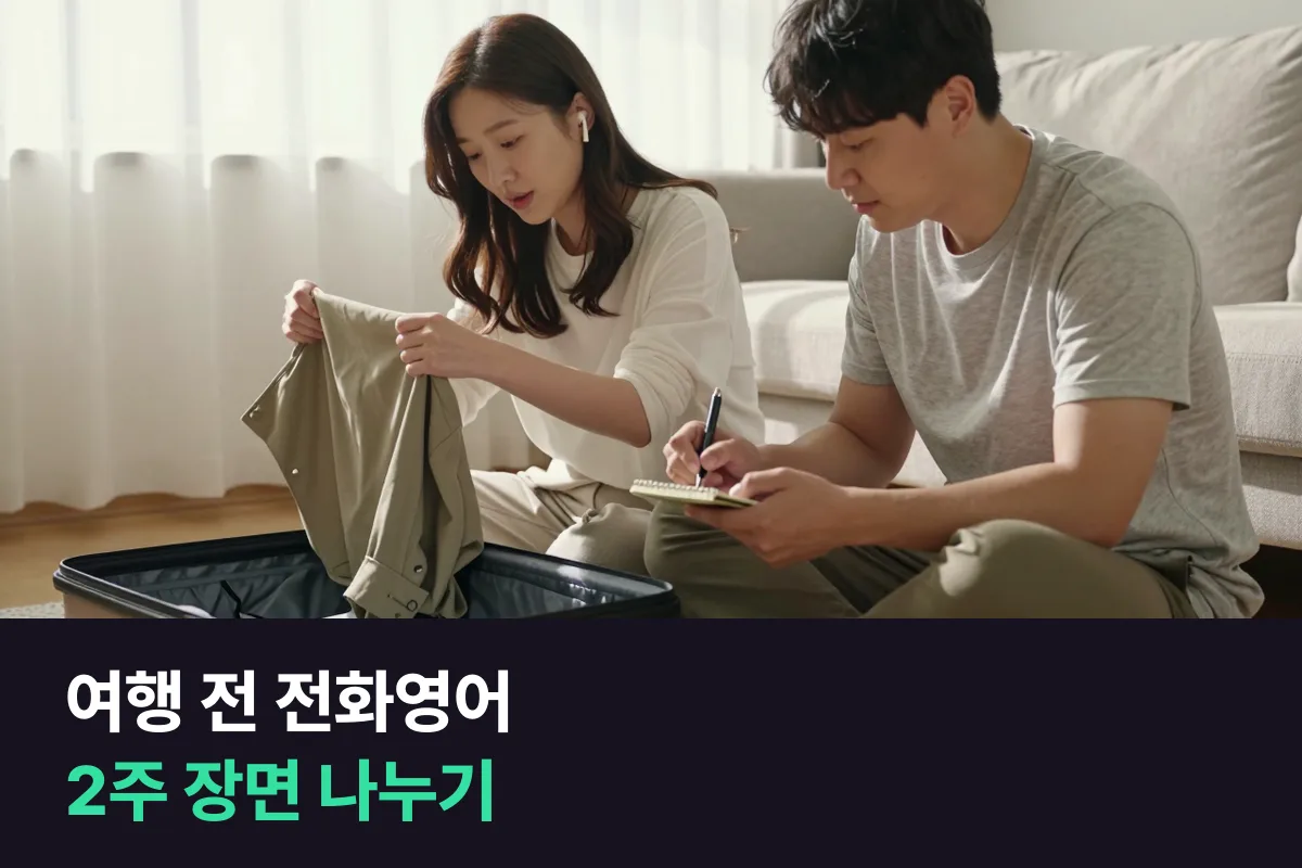 출국 2주 전 여행자가 여행 전 전화영어 10분 주5회와 30분 주2회로 어떤 장면을 연습할지 나누는 법